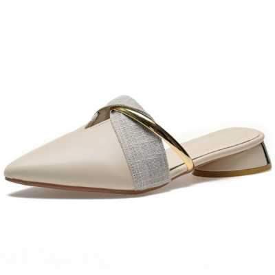 Elegant Low Heel Women Mules Summer Sexy Pointed Toe Ladies Slippers Slip on Leisure Ladies Office Shoes Beige Pumps Female